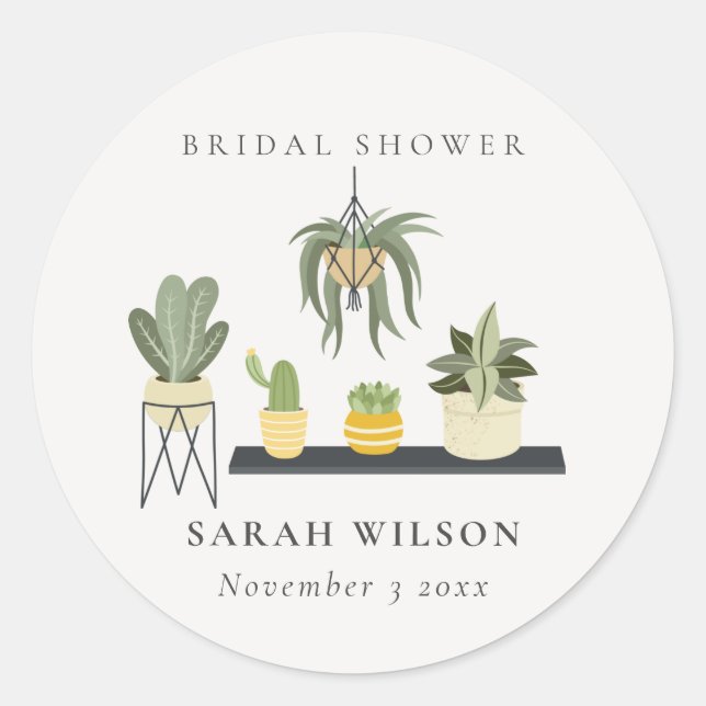 Cute Potted Leafy Succulent Plants Bridal Shower Classic Round Sticker (Front)