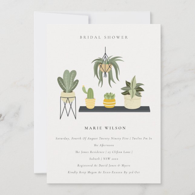 Cute Potted Leafy Succulent Plants Bridal Shower Invitation (Front)