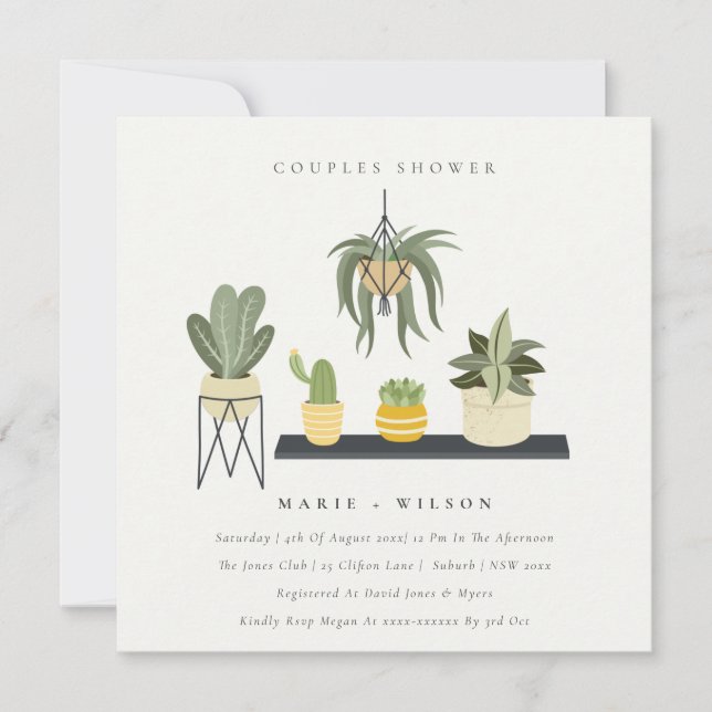 Cute Potted Leafy Succulent Plants Couples Shower Invitation (Front)
