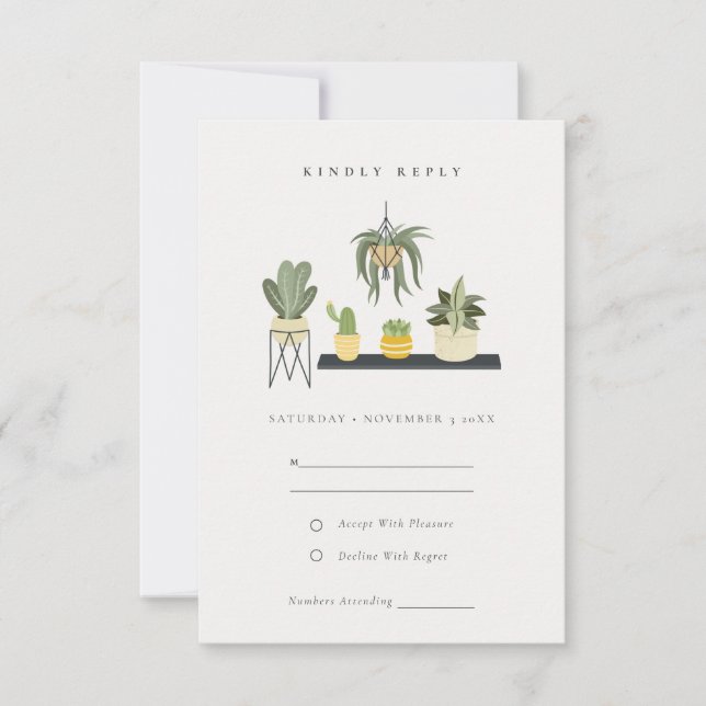 Cute Potted Leafy Succulent Plants Wedding RSVP Card (Front)