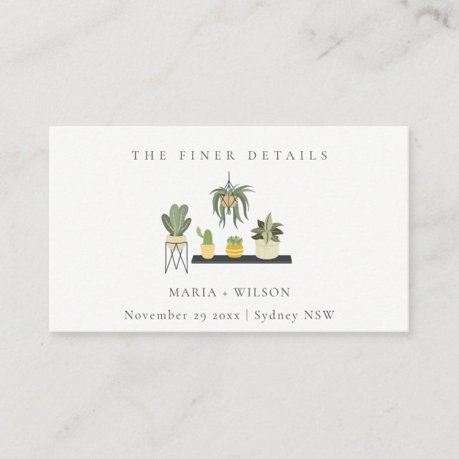 Cute Potted Leafy Succulent Plants Wedding Website Business Card (Front)