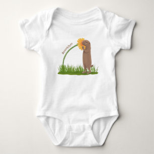 Cute prairie dog sniffing flower cartoon baby bodysuit