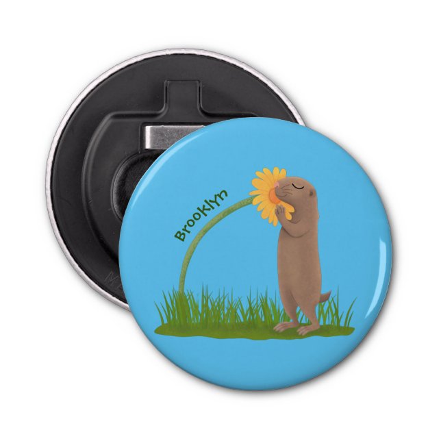 Cute prairie dog sniffing flower cartoon bottle opener (Front)