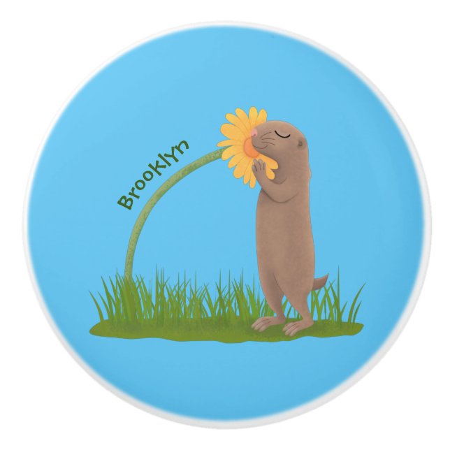 Cute prairie dog sniffing flower cartoon ceramic knob (Front)