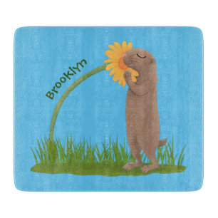 Cute prairie dog sniffing flower cartoon cutting board