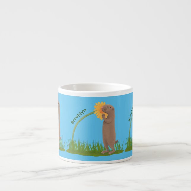 Cute prairie dog sniffing flower cartoon espresso cup (Front)