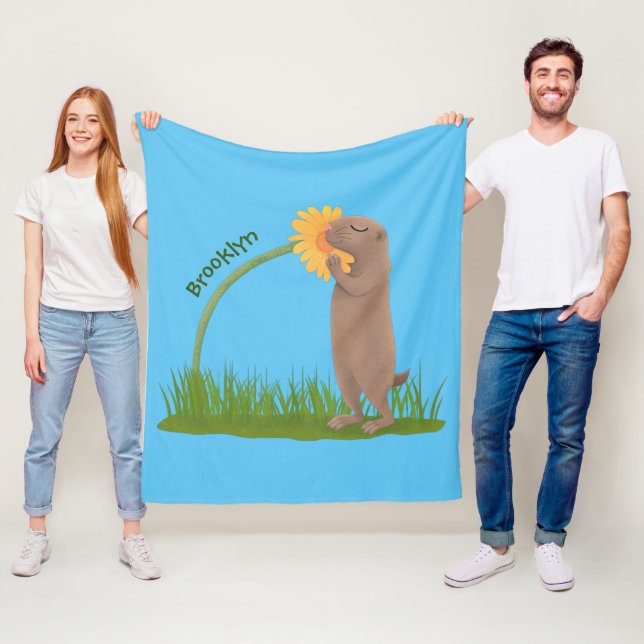 Cute prairie dog sniffing flower cartoon fleece blanket (In Situ)
