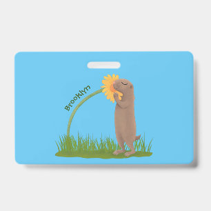 Cute prairie dog sniffing flower cartoon ID badge