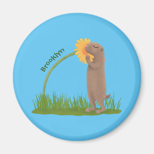 Cute prairie dog sniffing flower cartoon magnet