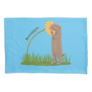 Cute prairie dog sniffing flower cartoon pillowcase