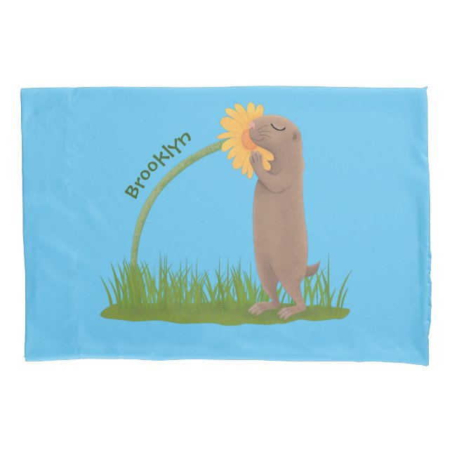 Cute prairie dog sniffing flower cartoon pillowcase (Front)