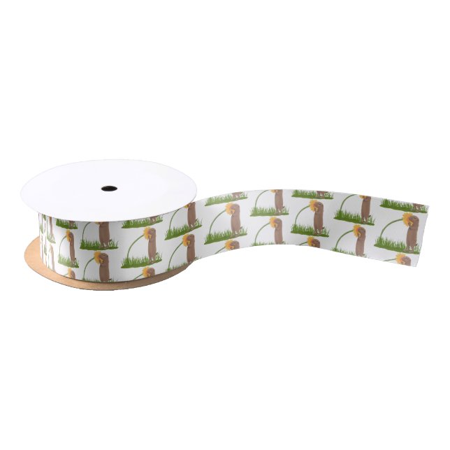 Cute prairie dog sniffing flower cartoon satin ribbon (Spool)