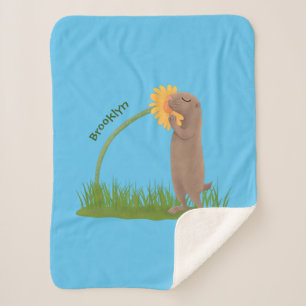 Cute prairie dog sniffing flower cartoon sherpa blanket
