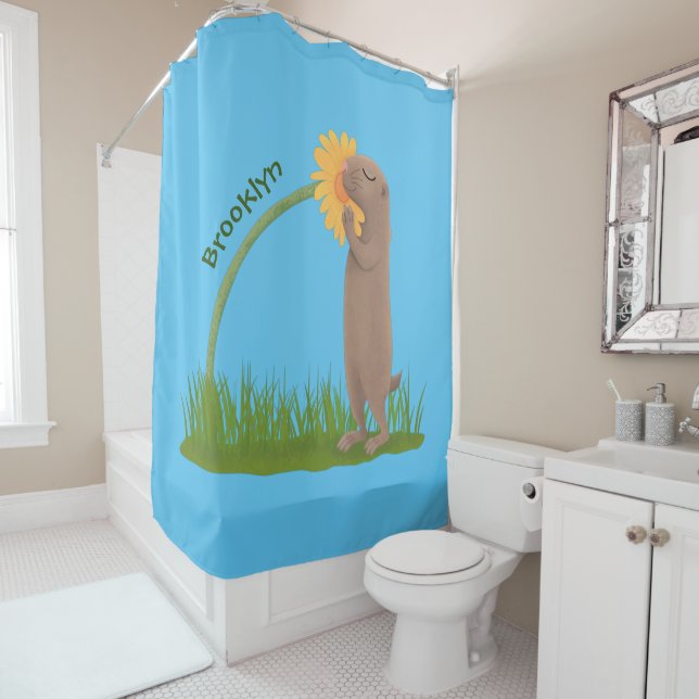 Cute prairie dog sniffing flower cartoon shower curtain (In Situ)