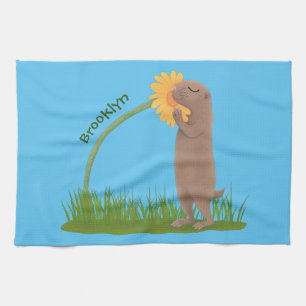 Cute prairie dog sniffing flower cartoon  tea towel
