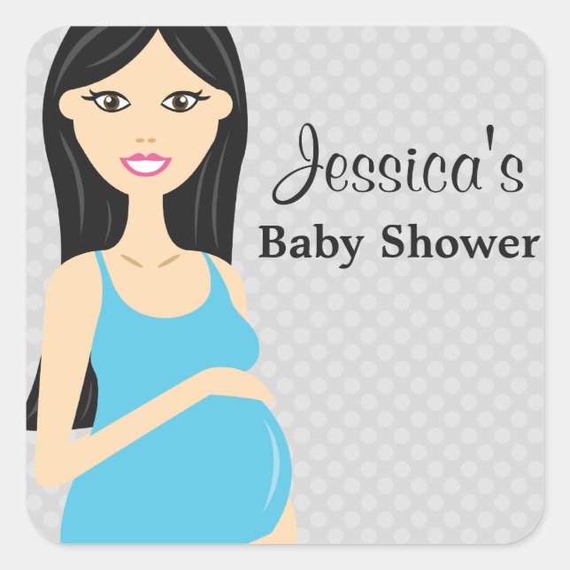 Cute Pregnant Woman In Blue Dress Baby Shower Square Sticker (Front)