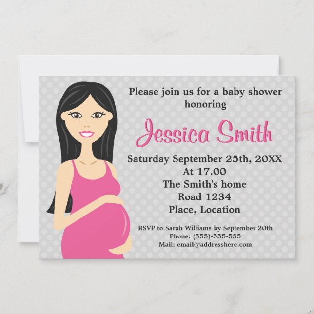 Cute Pregnant Woman In Pink Dress Baby Shower Invitation (Front)