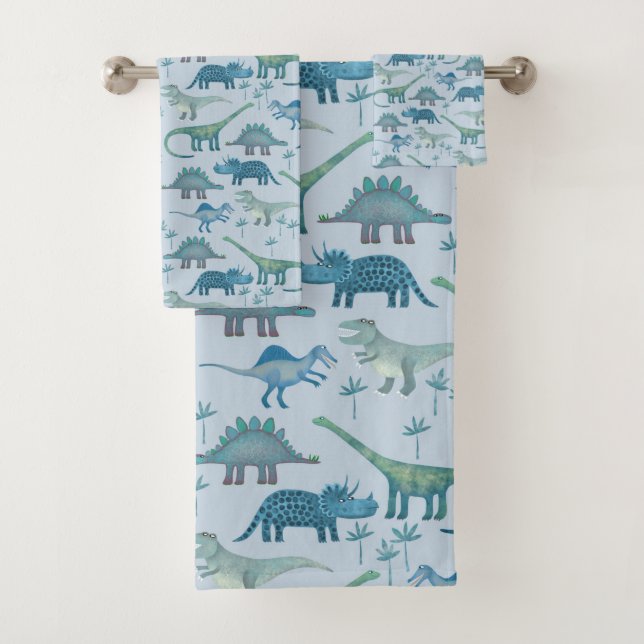 Cute Prehistoric Blue Dinosaur Pattern Bath Towel Set (Insitu)