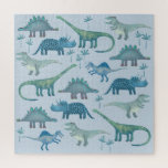 Cute Prehistoric Blue Dinosaur Pattern Jigsaw Puzzle<br><div class="desc">A fun pattern of cute dinosaurs on a blue background.
Tyrannosaurus rex,  Spinosaurus,  Stegosaurus,  Diplodocus and Triceratops.</div>