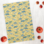 Cute Prehistoric Dinosaur Pattern Yellow Tea Towel<br><div class="desc">Lots of blue dinosaurs,  Tyrannosaurus rex,  Spinosaurus,  Stegosaurus,  Diplodocus and Triceratops on a yellow background.</div>