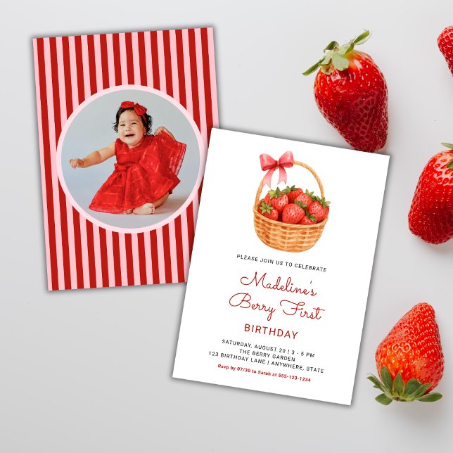 Cute Preppy Berry First 1st Birthday Photo Invitation (Creator Uploaded)