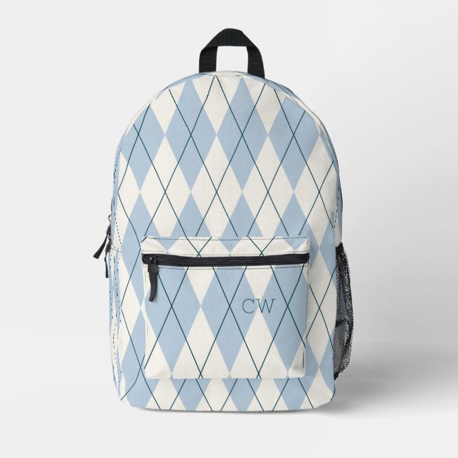 Cute Preppy Blue Argyle Print Monogram Initials Printed Backpack (Front)