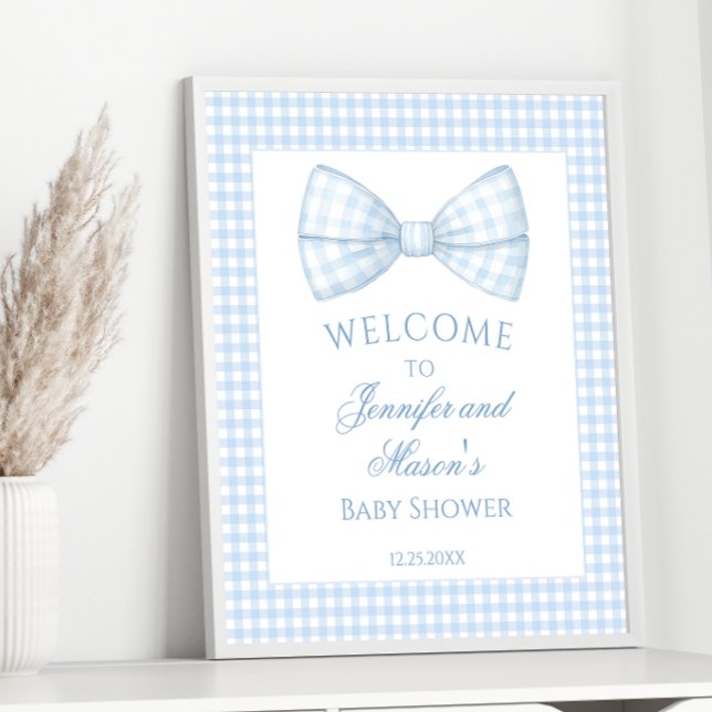 Cute preppy blue gingham bow tie baby boy shower poster (Creator Uploaded)