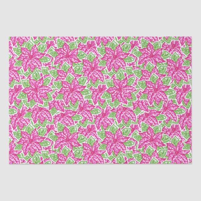 Cute Preppy Christmas Pink & Green Poinsettias Tissue Paper (Front)