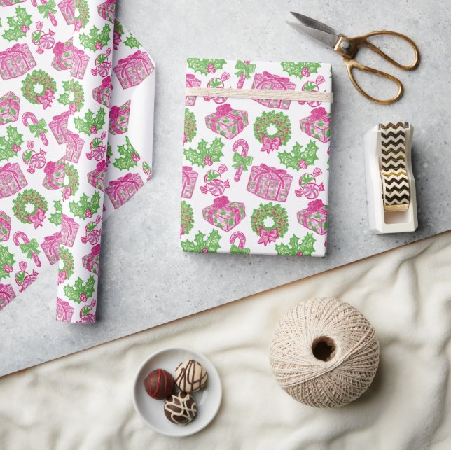 Cute Preppy Christmas Pink & Green Presents & Bows Wrapping Paper (Crafts)