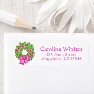 Cute Preppy Christmas Pink & Green Wreath Address Return Address Label