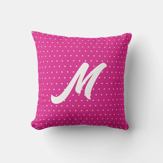 Cute preppy girly hot pink polka dots monogram cushion (Front)
