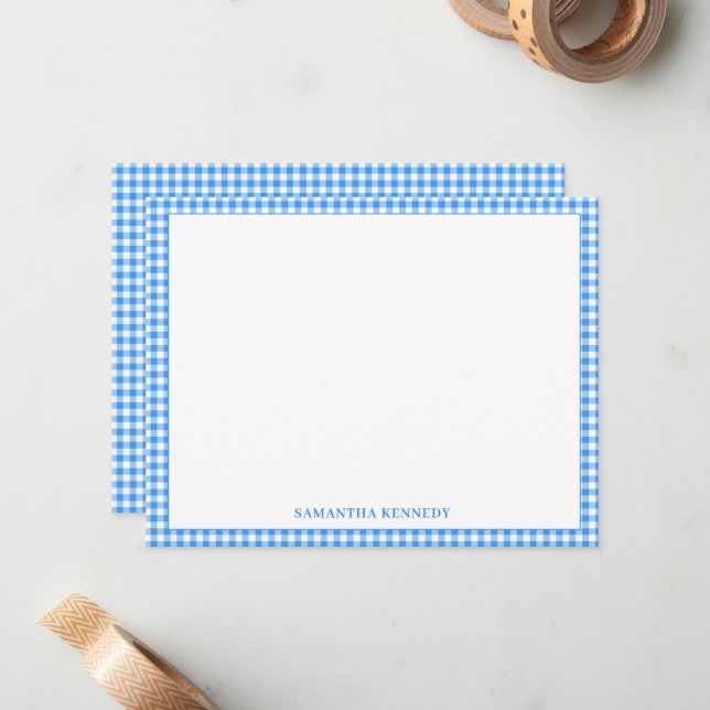 Cute Preppy Light Blue Gingham Border Personalised Card (Front/Back In Situ)