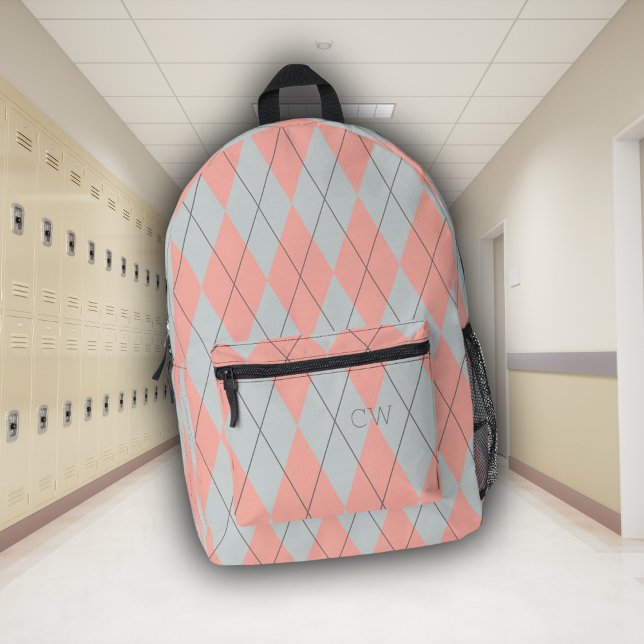 Cute Preppy Pink Argyle Print Monogram Initials Printed Backpack (Creator Uploaded)