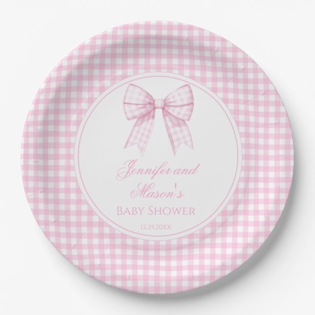 Cute preppy pink bow ribbon baby girl shower paper plate (Front)