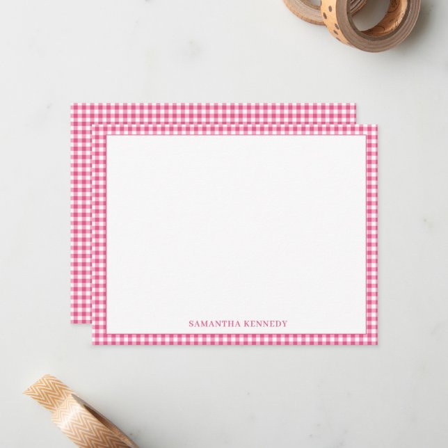 Cute Preppy Pink Gingham Border Personalised  Card (Front/Back In Situ)
