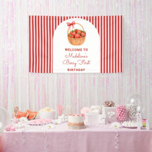Cute Preppy Striped Berry First Birthday Welcome Banner