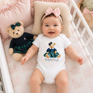 Cute Preppy Teddy Bear Girl Baby Bodysuit