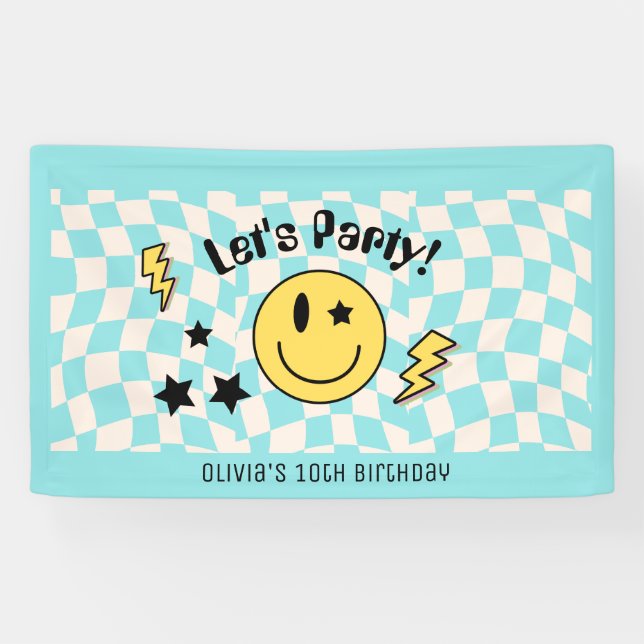 Cute Preppy Y2K Retro Pastel Blue Birthday Banner (Horizontal)