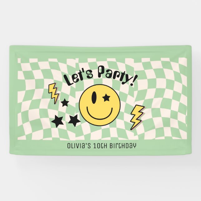 Cute Preppy Y2K Sage Green Retro Birthday Banner (Horizontal)