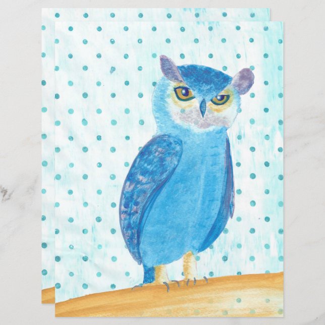 Cute Pretty Blue Purple Owl Scrapbook Paper (Front/Back)