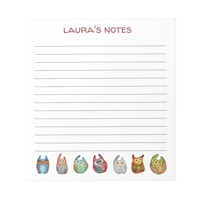 Cute Pretty Colourful Watercolor Owl Lined Notepad (Front)
