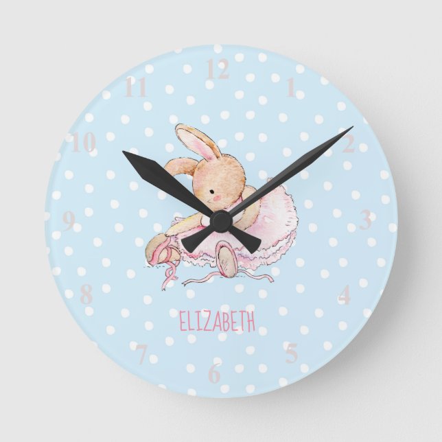 Cute Pretty Girly Ballerina Rabbit Girls Named Round Clock (Front)