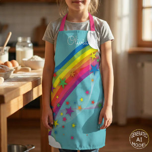 Cute Pretty Girly Rainbow Stars Sky Clouds & Name Apron