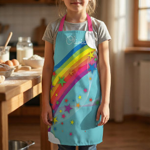 Cute Pretty Girly Rainbow Stars Sky Clouds & Name Apron