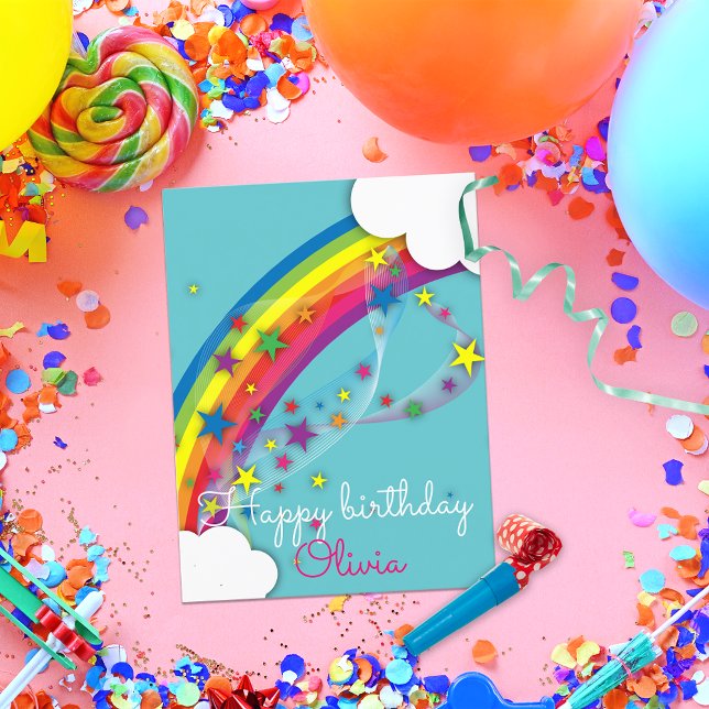 Cute Pretty Girly Rainbow Stars Sky Clouds & Name Postcard (Creator Uploaded)