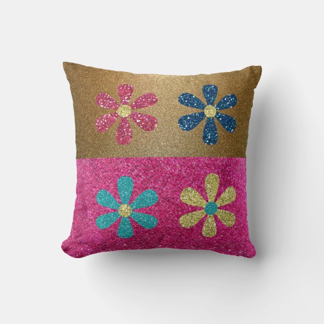 Cute Pretty Gold Pink Glitter Girly Flowers Cushion (Front)