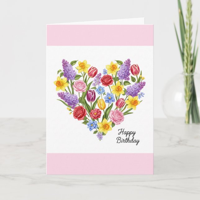 Cute Pretty Happy Birthday Flowers Floral Heart Card (Front)