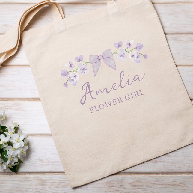 Cute Pretty Lavender Floral Bow Flower Girl  Tote Bag (Creator Uploaded)