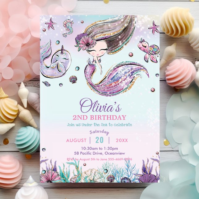 Cute Pretty Mermaid Under the Sea Purple Birthday Invitation (whimsical cute brunette mermaid under the sea pool birthday party invitation cards printed download)