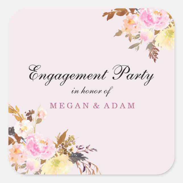 Cute Pretty Pink Peach Flower Engagement Party Square Sticker (Front)
